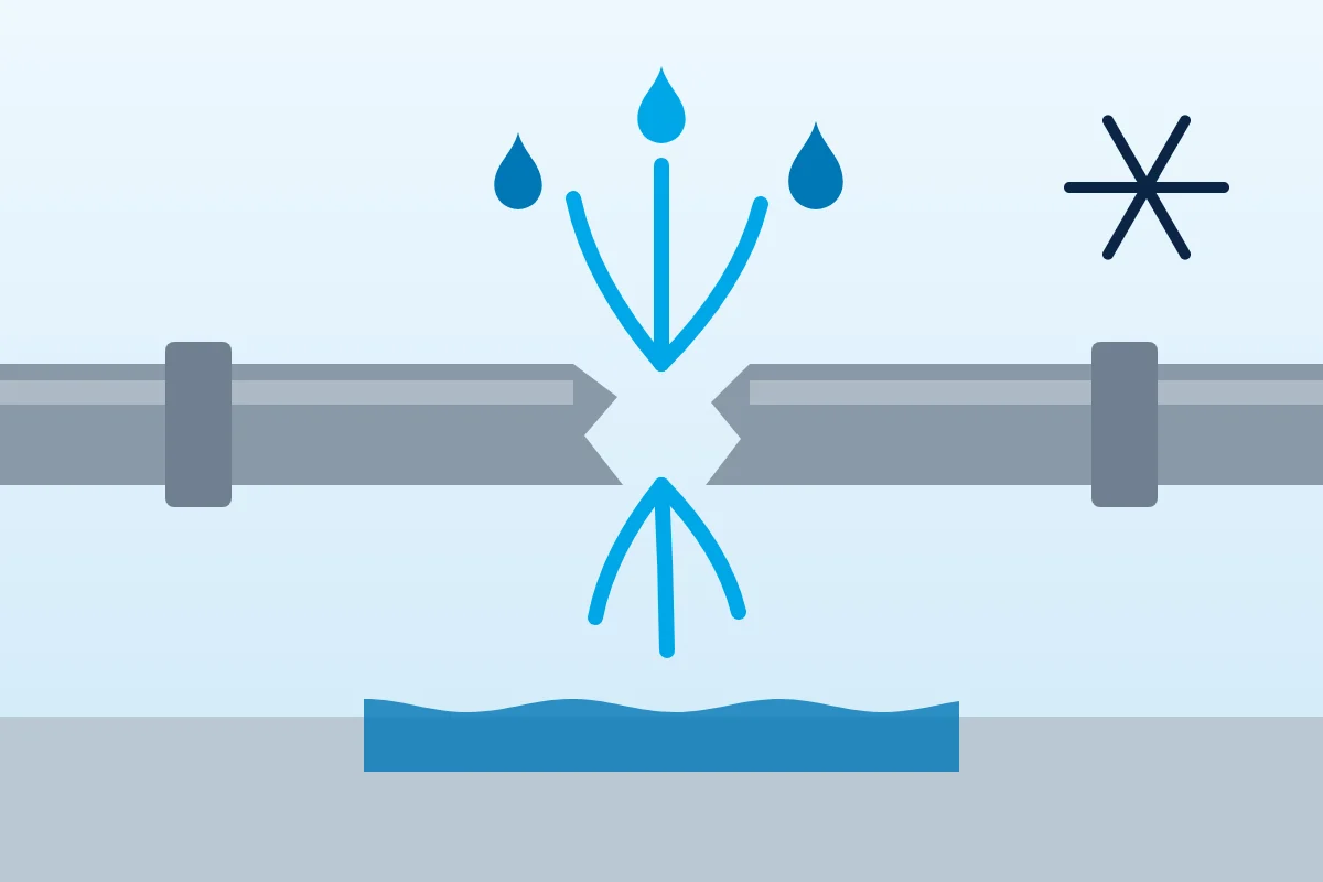 Illustration of a broken pipe spraying water, representing burst pipe water cleanup in Boulder, CO