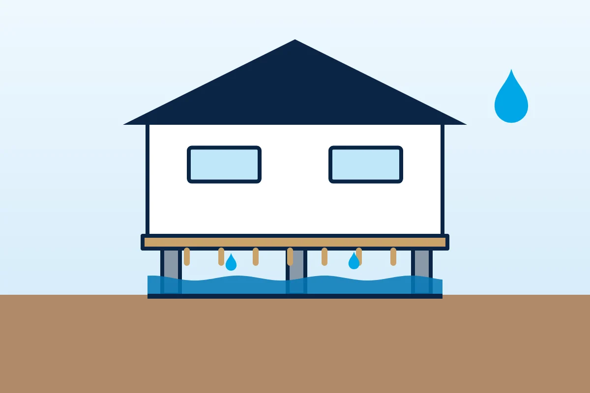 Illustration of water pooled beneath a house, representing crawl space water removal