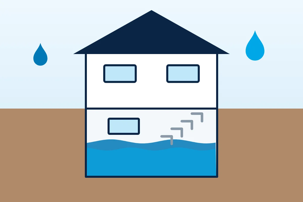 Illustration of a house cross-section with water in the basement, representing flooded basement extraction in Boulder, CO