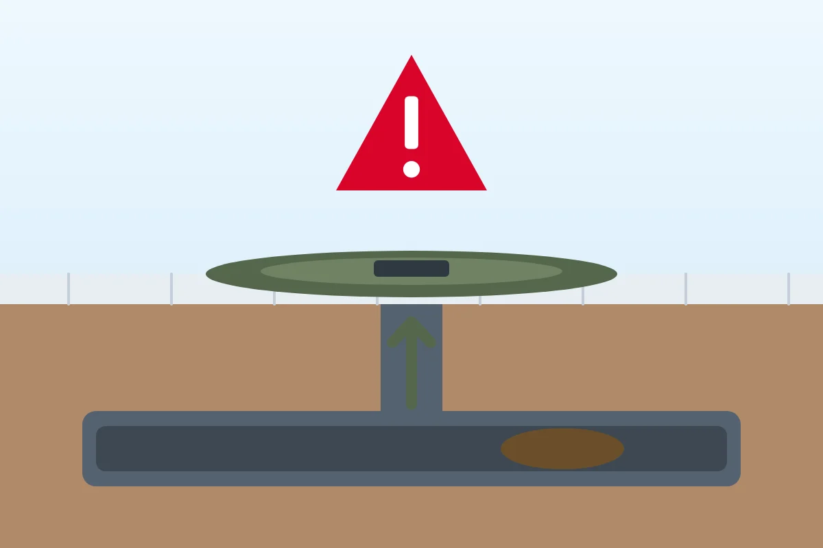 Illustration of a floor drain backing up with a warning sign, representing sewage backup cleanup